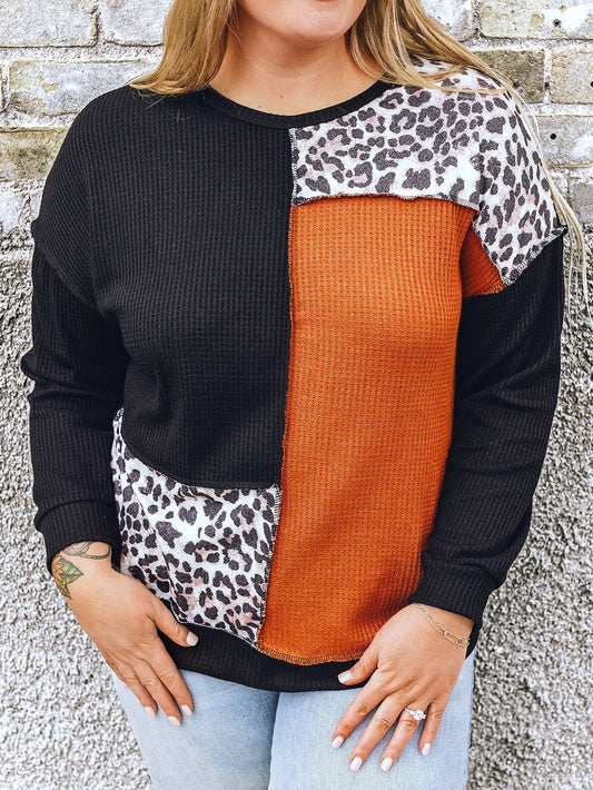 Leopard Print Colorblock Waffle Knit Plus Size Top with Black and Orange Accents