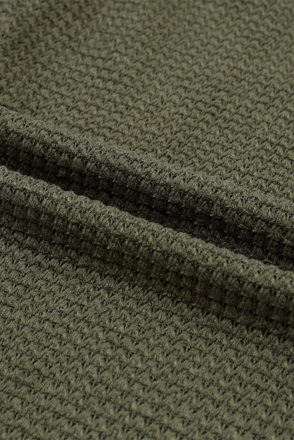 Green Textured Waffle Knit Button Down Blouse