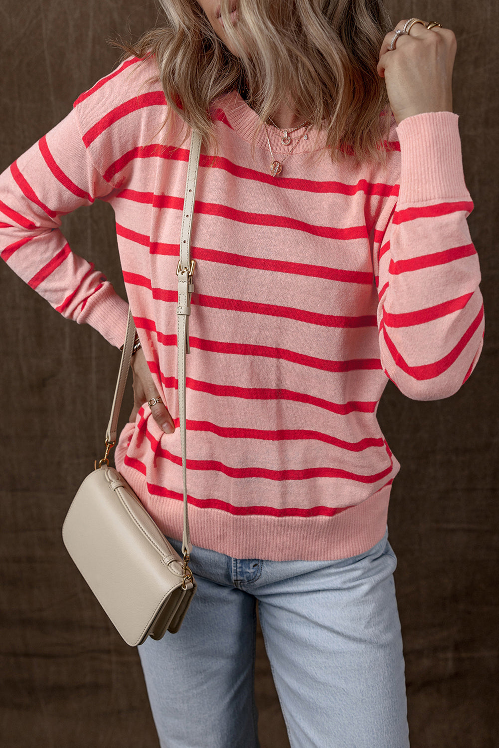 Red Stripe Ribbed Edge Drop Shoulder Sweater