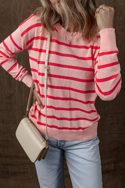 Red Stripe Ribbed Edge Drop Shoulder Sweater