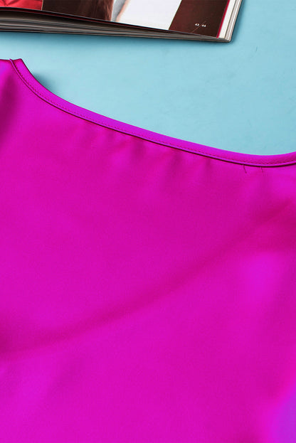 Elegant Bright Pink Satin Lounge Set with V-Neck Tee and Drawstring Shorts