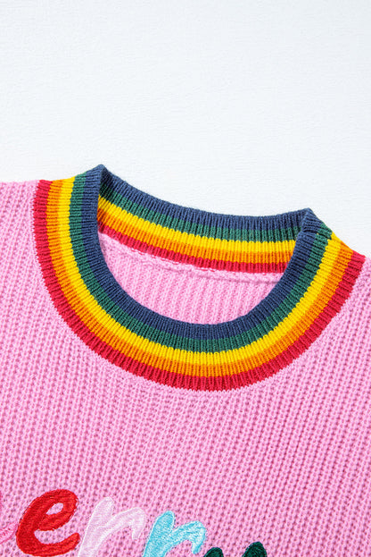 Festive Glitter Stripe Trim Casual Sweater