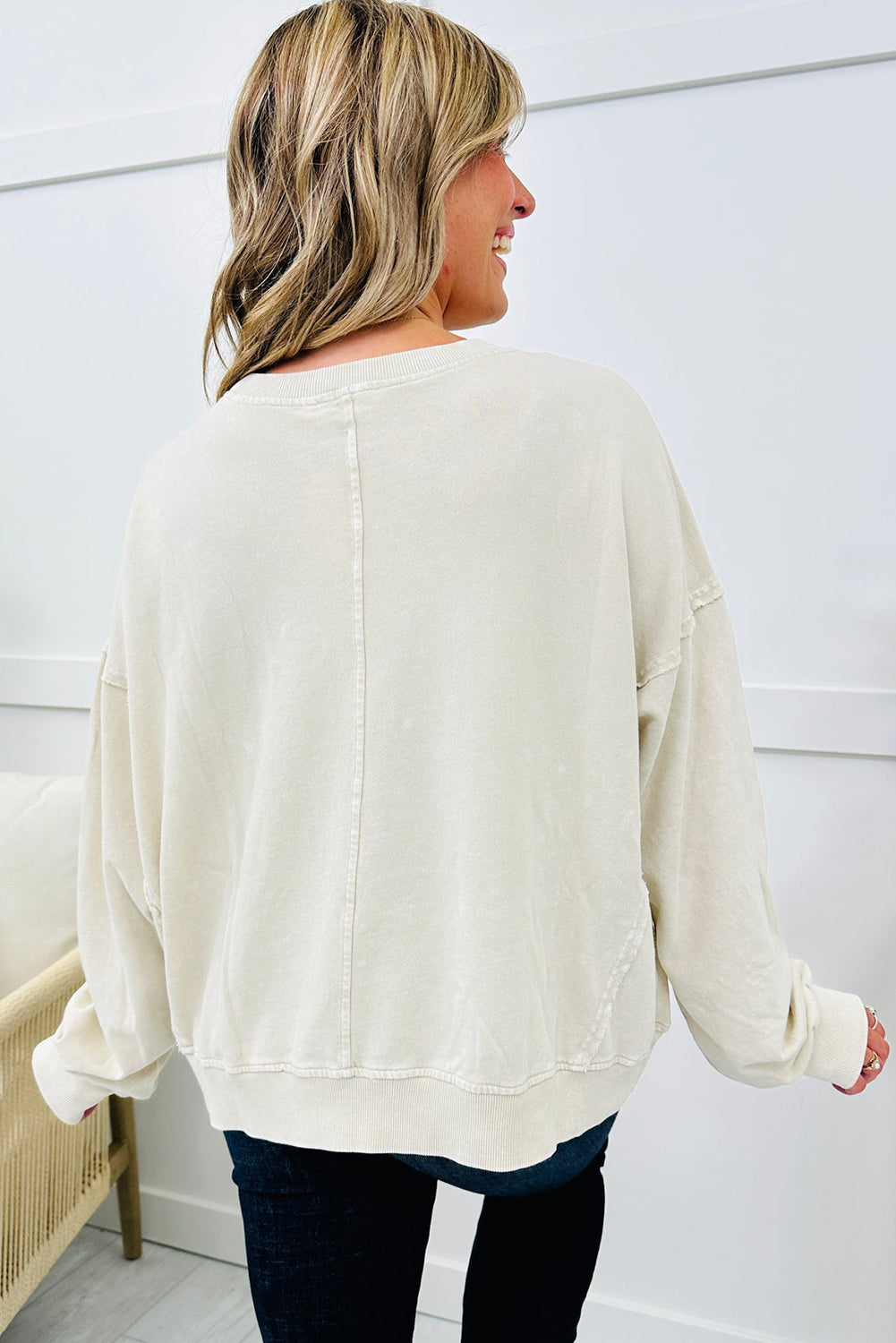 Beige Long Sleeve Stitching Flower Pattern Round Neck Plus Size Top