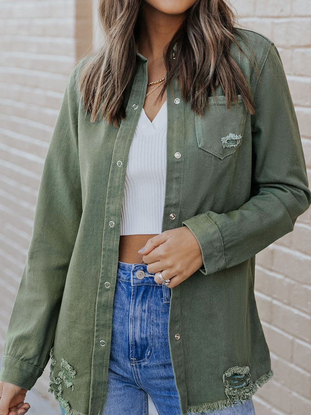 Green Distressed Cotton Shacket
