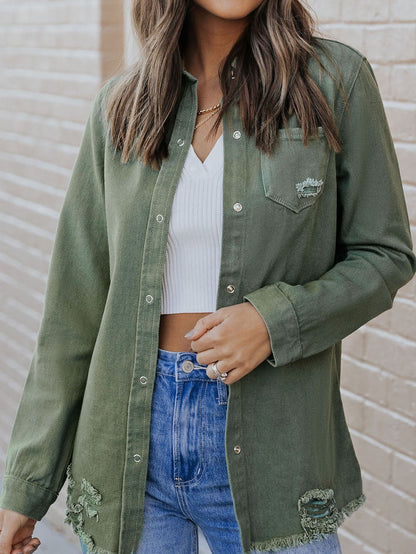 Green Distressed Cotton Shacket