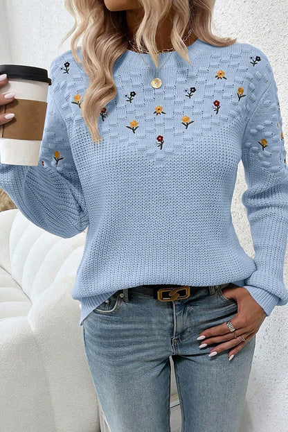 Beau Blue Mixed Texture Knit Flower Embroidered Detail Casual Sweater