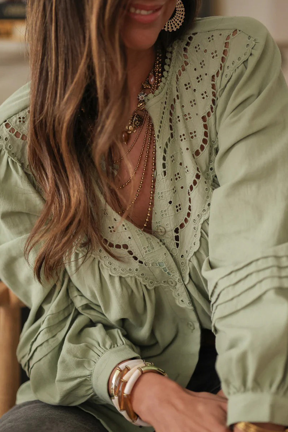 Laurel Green Eyelet Embroidered Patchwork Pintuck Long Sleeve Shirt