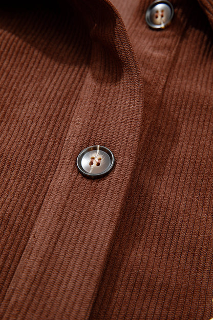 Coffee Floral Embroidered Collar Button Front Corduroy Jacket With Pocket