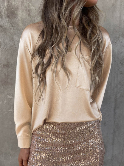Glittery Apricot Satin Long Sleeve Top with Chest Pocket