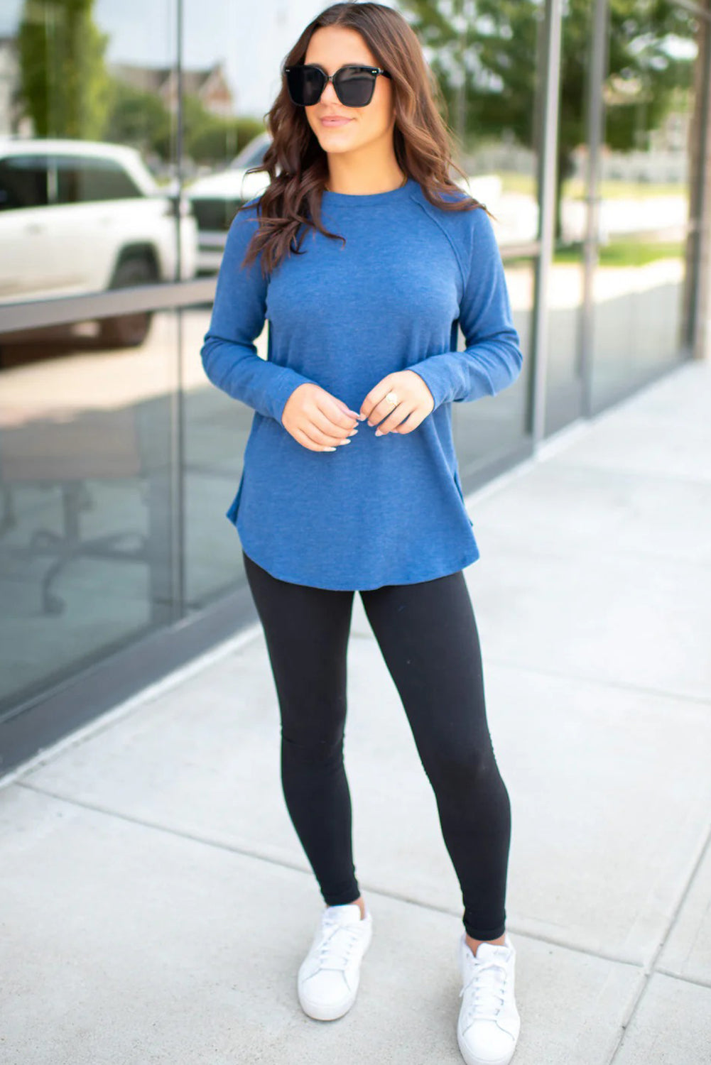 Sky Blue Solid Color Thermal Knit Exposed Seam Raglan Sleeve Top