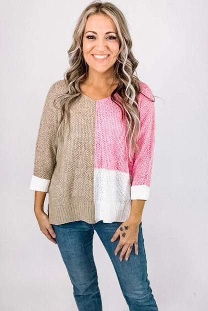 Pink Color Block Knit V Neck Loose Sweater