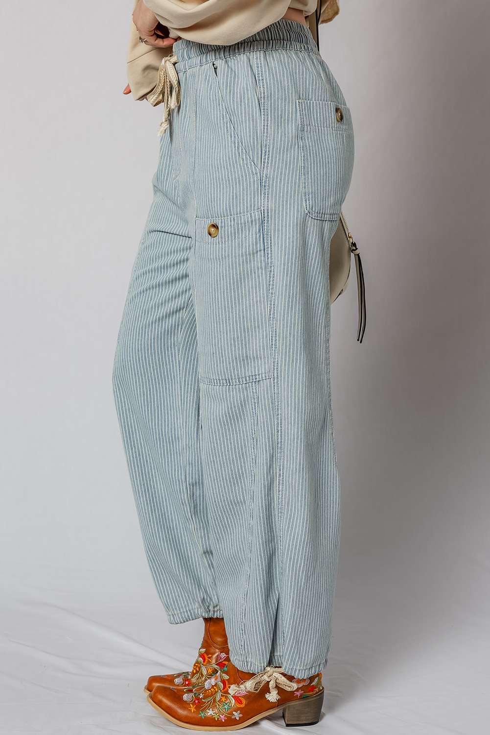 Beau Blue Striped Denim Button Patched Large Pocket Drawstring Jeans