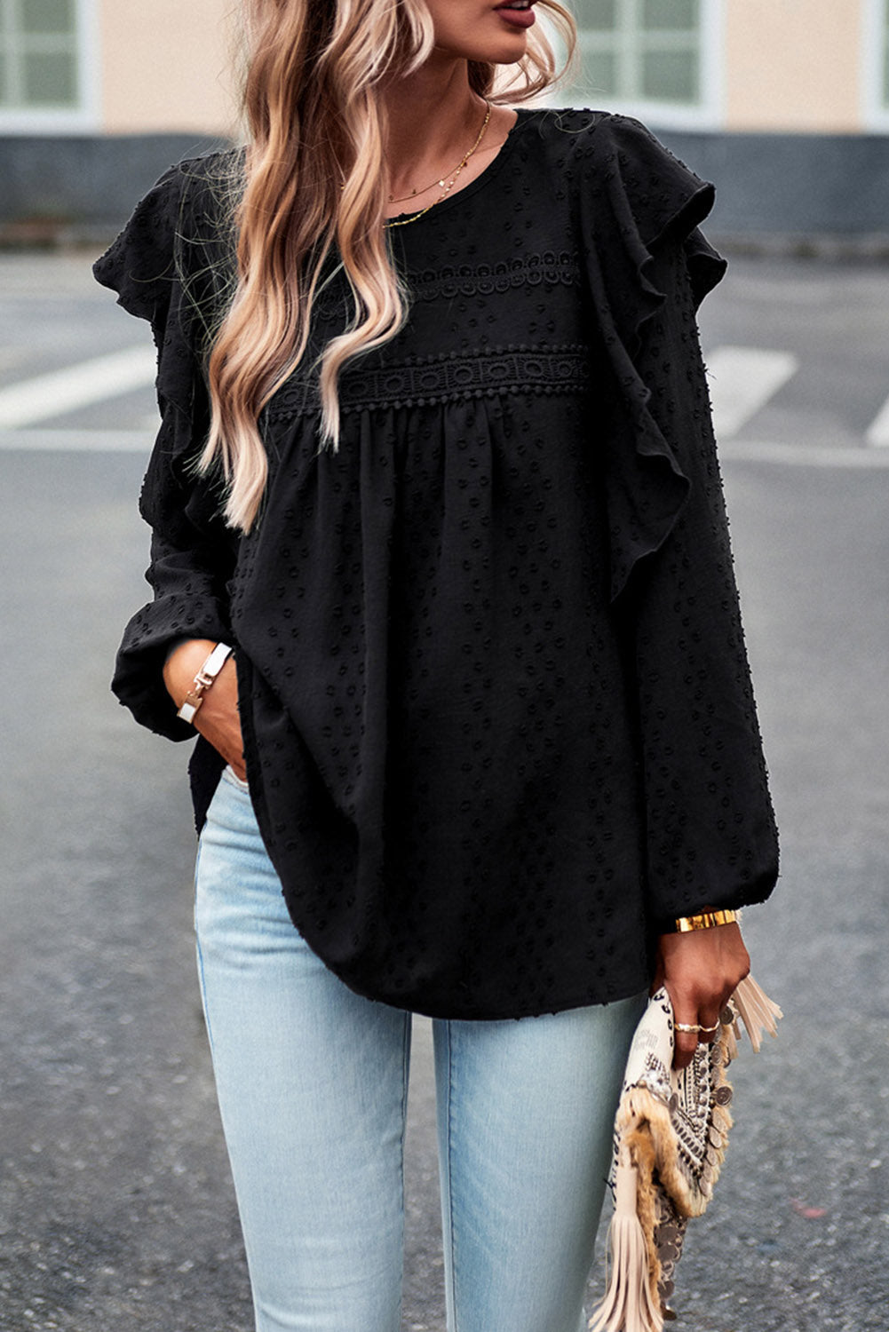 Elegant Black Lace Eyelet Ruffle Sleeve Blouse for Fall