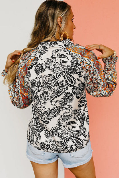 Floral Abstract Print Bohemian Blouse with Tasseled V-Neck and Flounce Sleeves