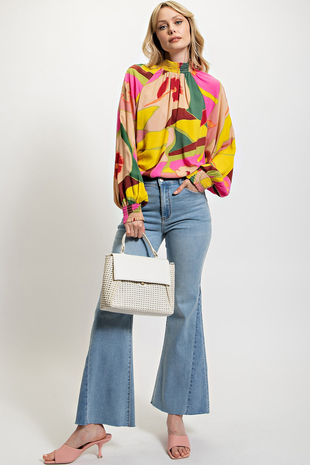 Floral Print Stand Neck Blouse with Smocked Hem in Multicolor Palette