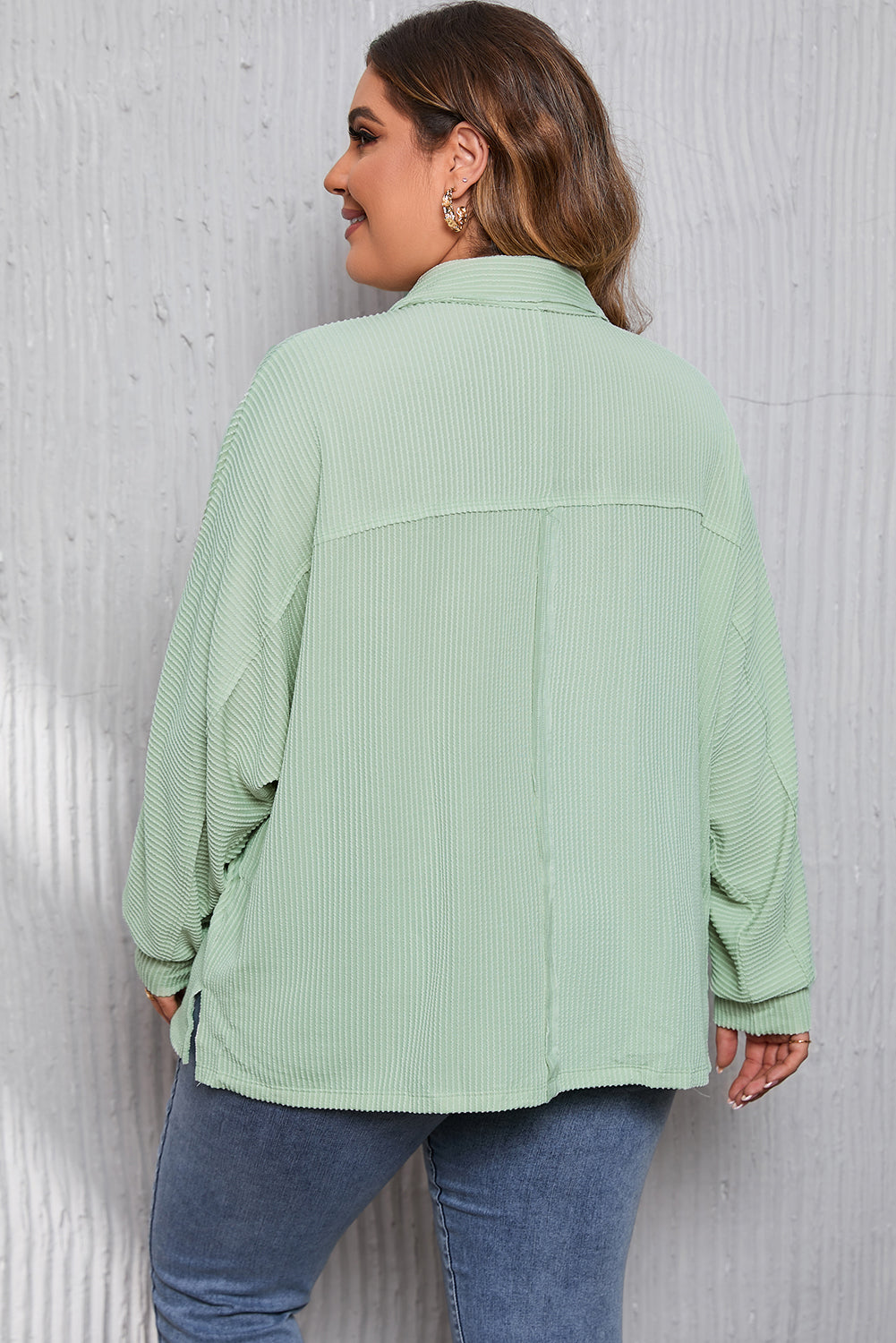 Sage Oversized Ribbed Henley Top with Pockets