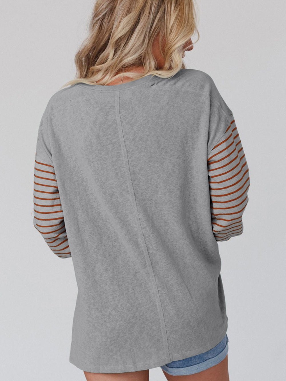 Elegant Grey Striped Bishop Sleeve Top