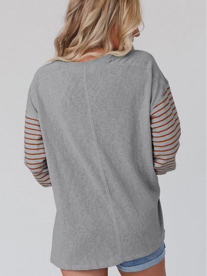 Elegant Grey Striped Bishop Sleeve Top