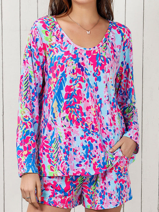 Elegant Purple Floral Lounge Set with Long Sleeve Top and Drawstring Shorts