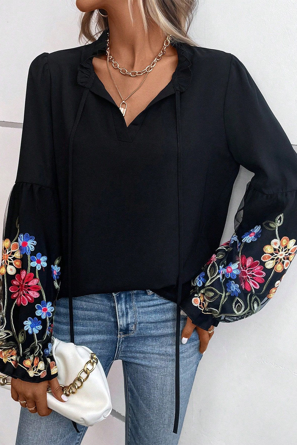 Elegant Black Floral Embroidered Flounce Sleeve Blouse with Split V-Neck