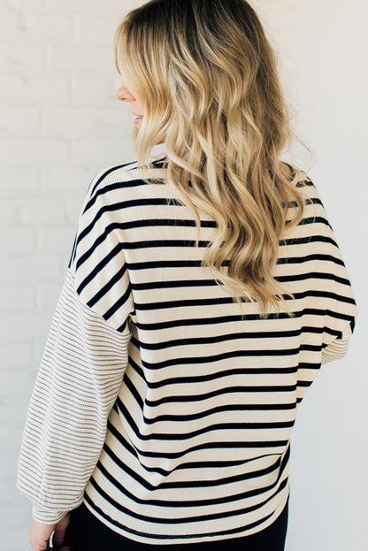 Black Stripe Mixed Pattern Thermal Knit Casual Sweatshirt