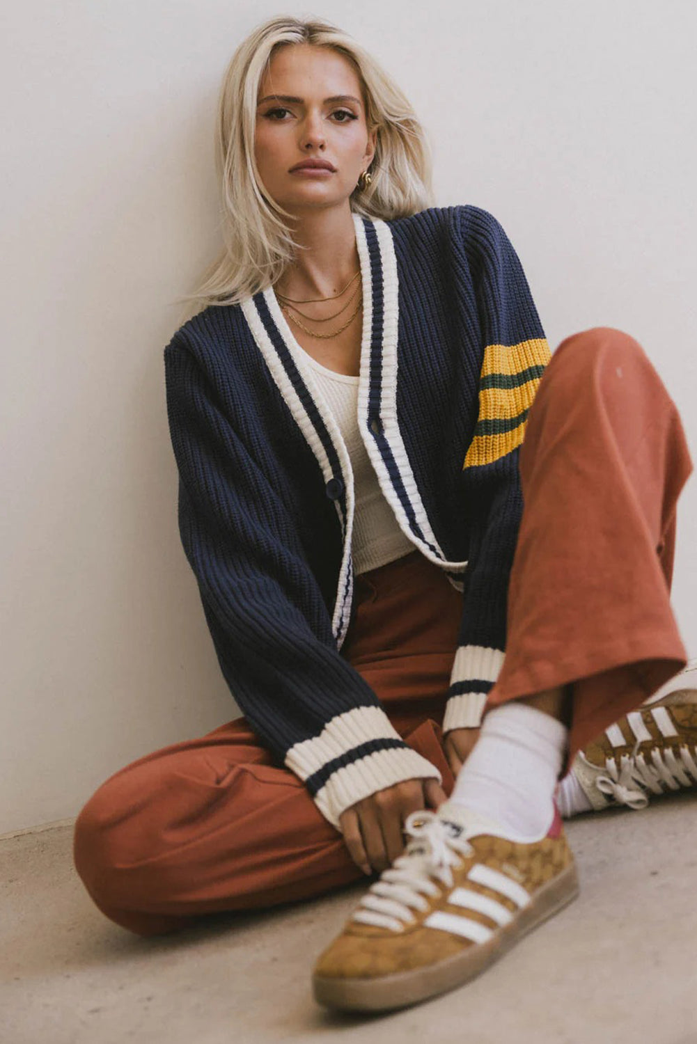 Dirty blue Ribbed Knit Striped Detail Button V Neck Preppy Sweater Cardigan