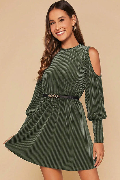 Mist Green Velvet Textured Cold Shoulder Bishop Sleeve Flared Mini Dress