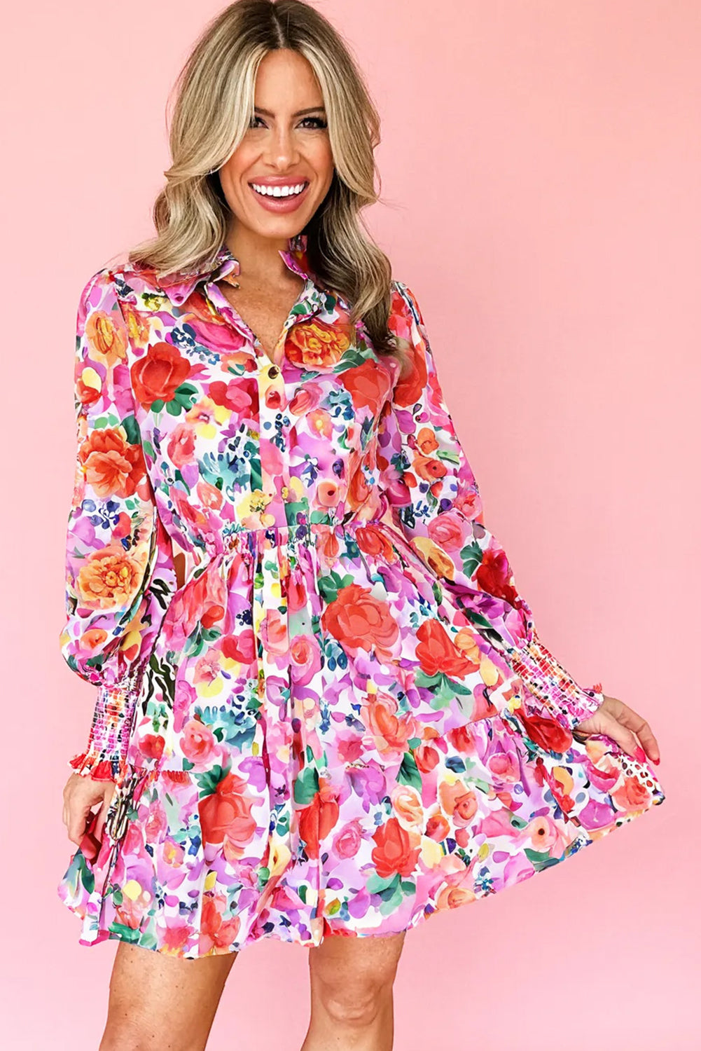 Rose Bold Floral Print Smocked Long Sleeve Button Flared Mini Dress
