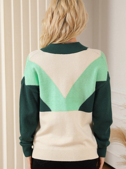 Green Color Block Geometric Knit V Neck Sweater with Button Detail