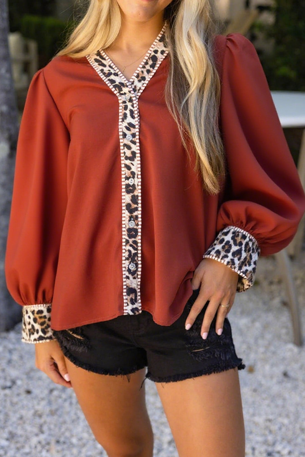 Clay Beaded Leopard Patchwork V Neck Long Sleeve Blouse