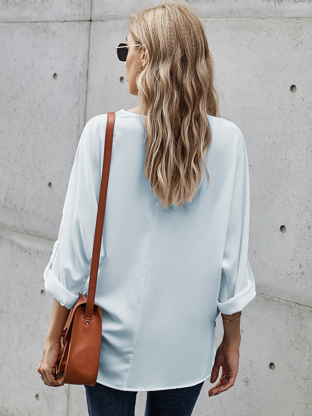 Elegant White V Neck High Low Hem Blouse