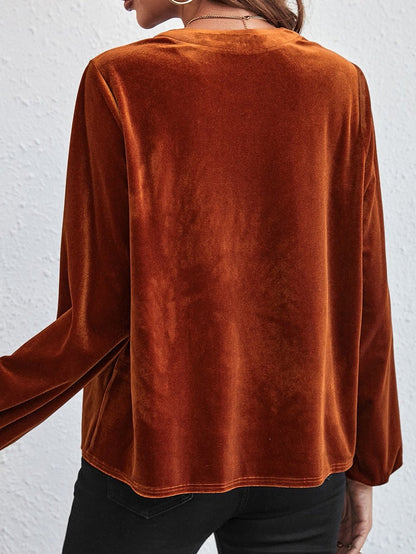 Golden Flare Lantern Sleeve Embellished Split V-Neck Velvet Blouse