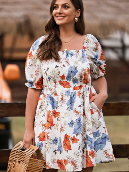 White Floral Smocked Flared Plus Size Dress