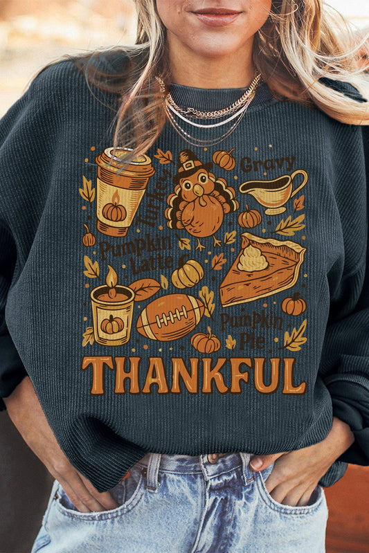 Dark Grey Twisted Ribbed THANKFUL Fall Fashion Printed Baggy Sweatshirt