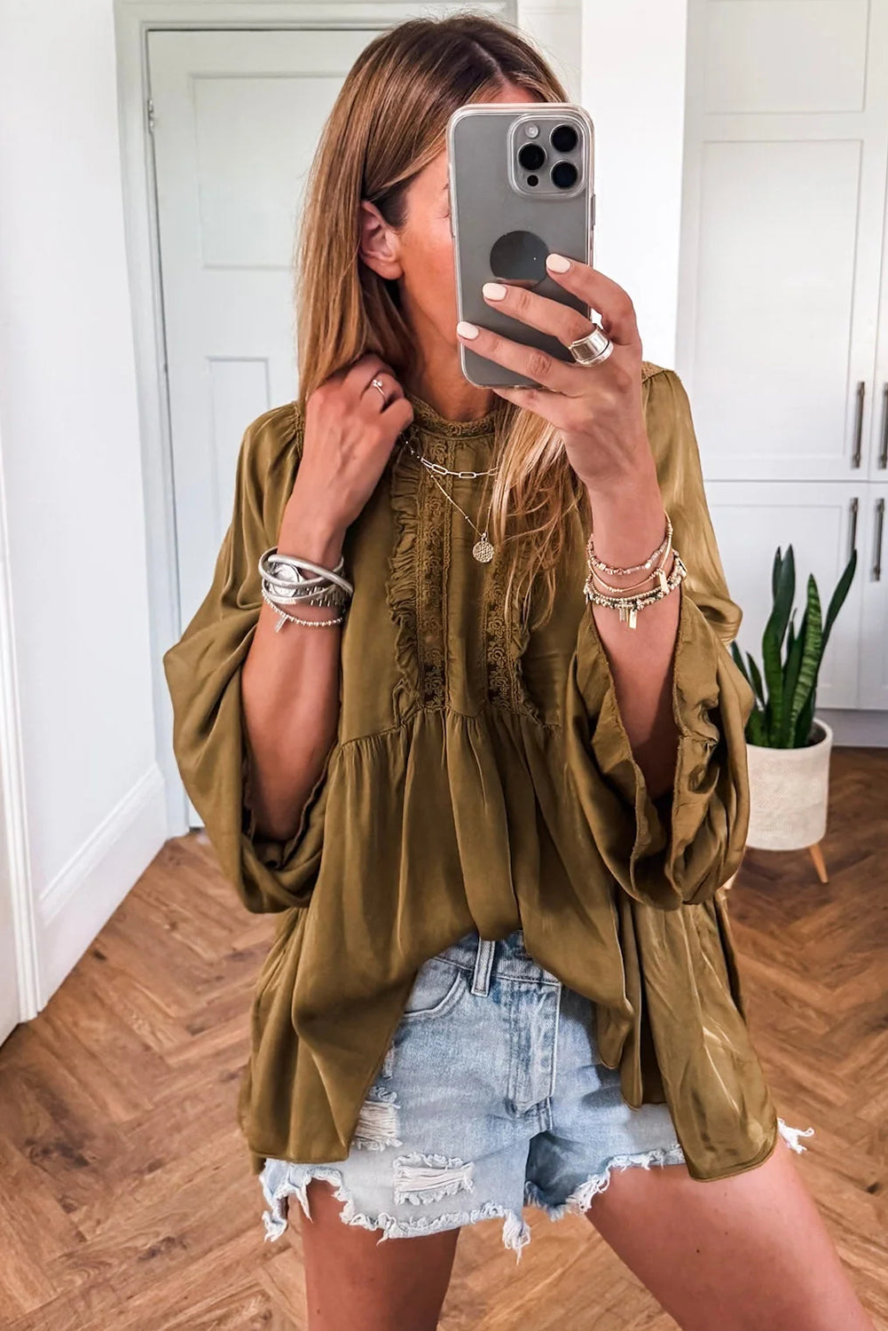 Jungle Green Silky Round Neck Lace Frilled Detail Long Sleeve Blouse