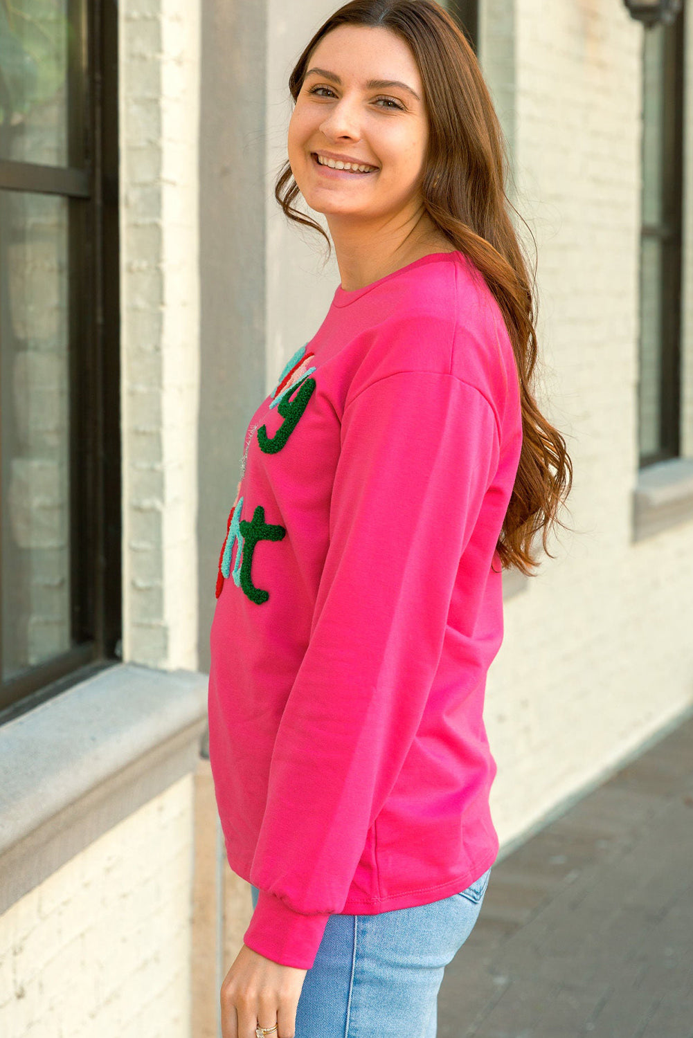 Strawberry Pink merry&bright Chenille Tinsel Letter Graphic Plus Size Christmas Sweatshirt