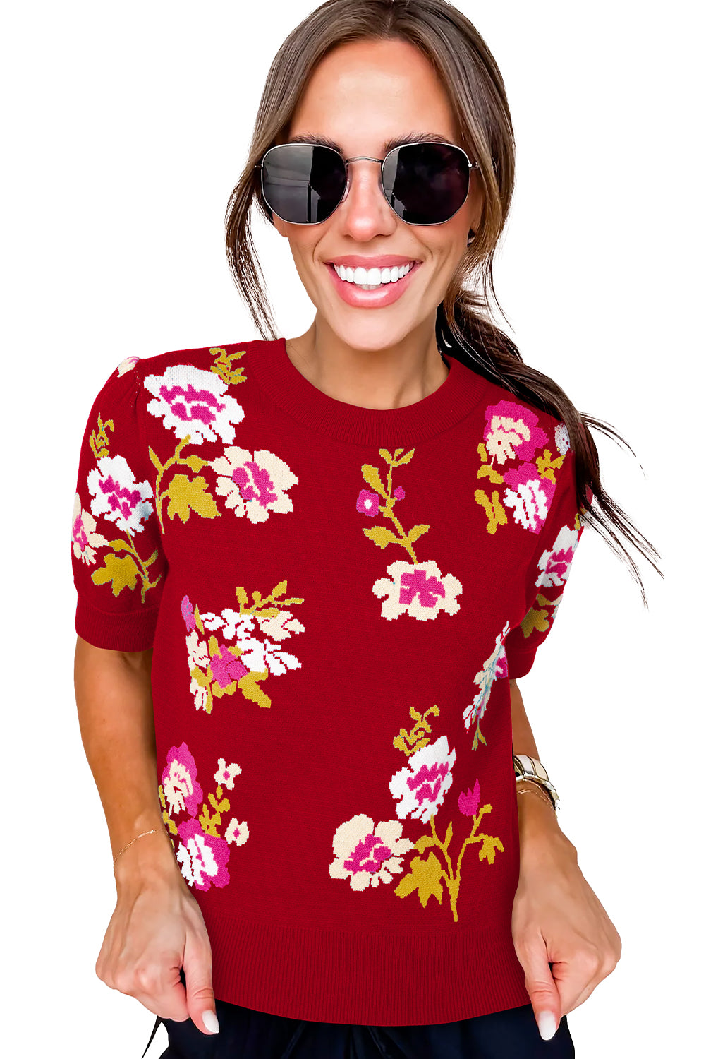 Red Flower Pattern Mock Neck Short Sleeve Knitted T Shirt