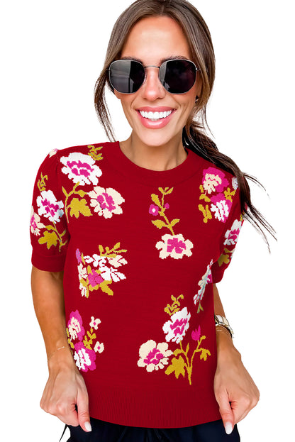 Red Flower Pattern Mock Neck Short Sleeve Knitted T Shirt
