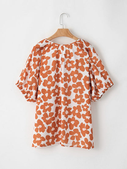 Orange Floral Print Plus Size V Neck Short Sleeve Blouse with Drawstring