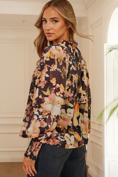 Black Floral V Neck Long Puff Sleeve Breezy Blouse