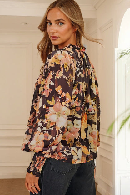 Black Floral V Neck Long Puff Sleeve Breezy Blouse