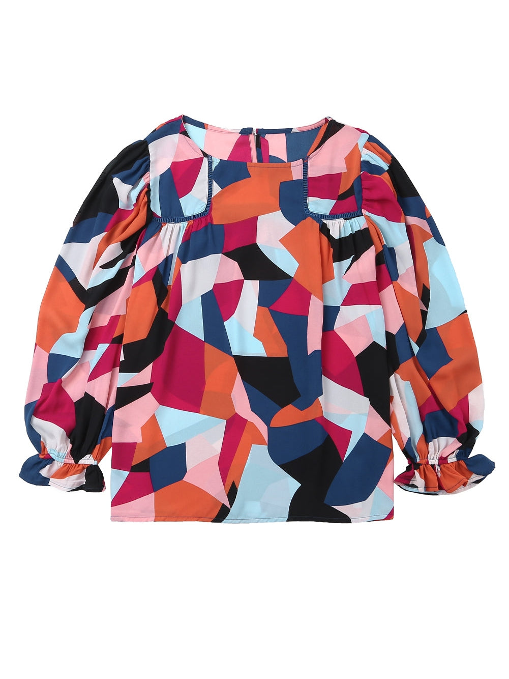 Glowing Abstract Pattern Ruffled Sleeve Crewneck Blouse