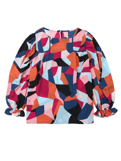 Glowing Abstract Pattern Ruffled Sleeve Crewneck Blouse