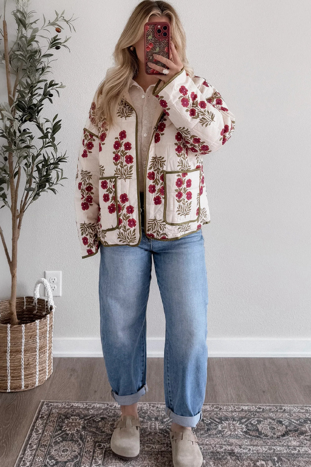Red Floral Print Contrast Trim Quilted Winter Jacket