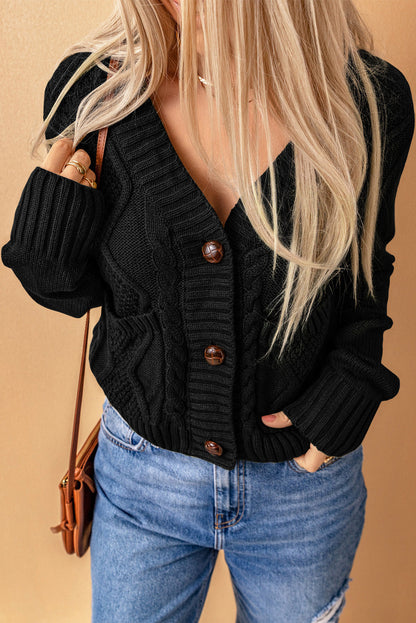 Elegant Black Textured V-Neck Cardigan with Front Pockets