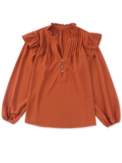 Elegant Brown V-Neck Ruffle Pleated Blouse