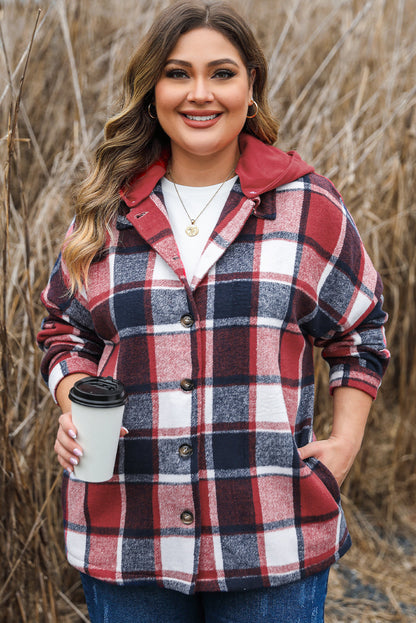 Red Plaid Hooded Jacket for Plus Size Women