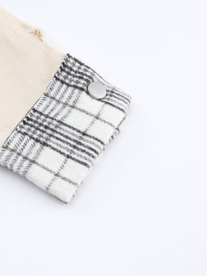 Khaki Plaid Patchwork Denim Shacket - Distressed Edges