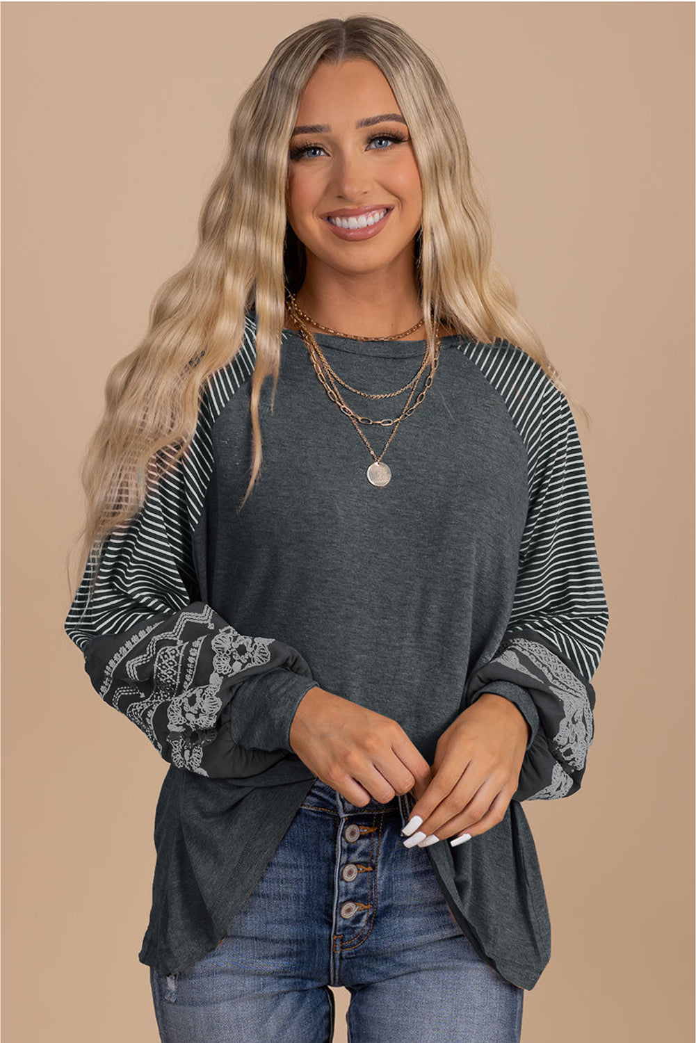 Medium Grey Contrast Print Striped Raglan Long Sleeve Loose Top