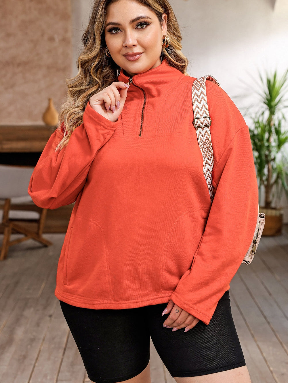 Orange Zippered Pocket Plus Size Hoodie